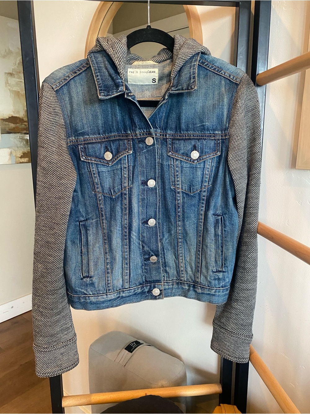 rag & bone Bradford Hooded denim jacket wool herringbone sleeve and hoody.